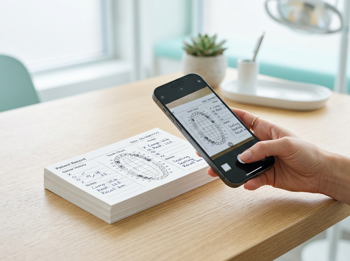 Fichas odontológicas en papel junto a un celular